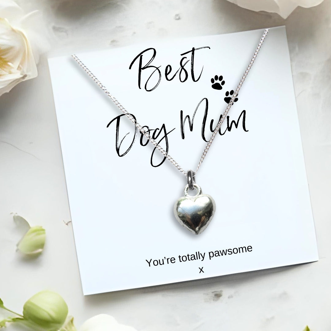 Best Dog Mum Silver Heart Charm Necklace & Gift Card