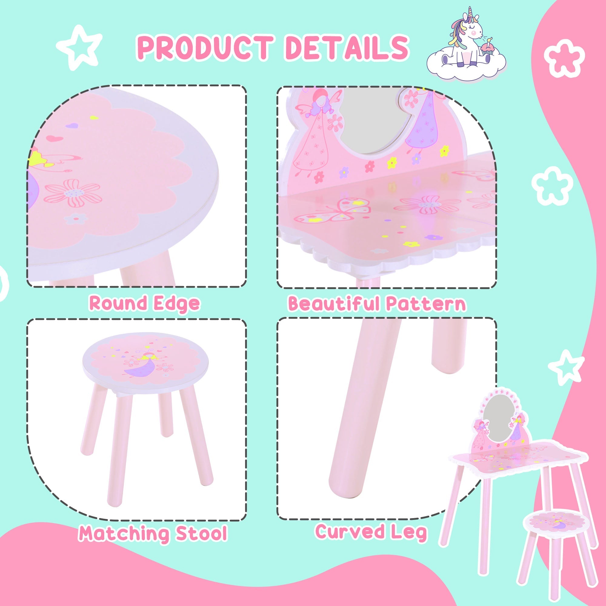 2 Piece Wooden Kids Dressing Table and Stool Set - Pink