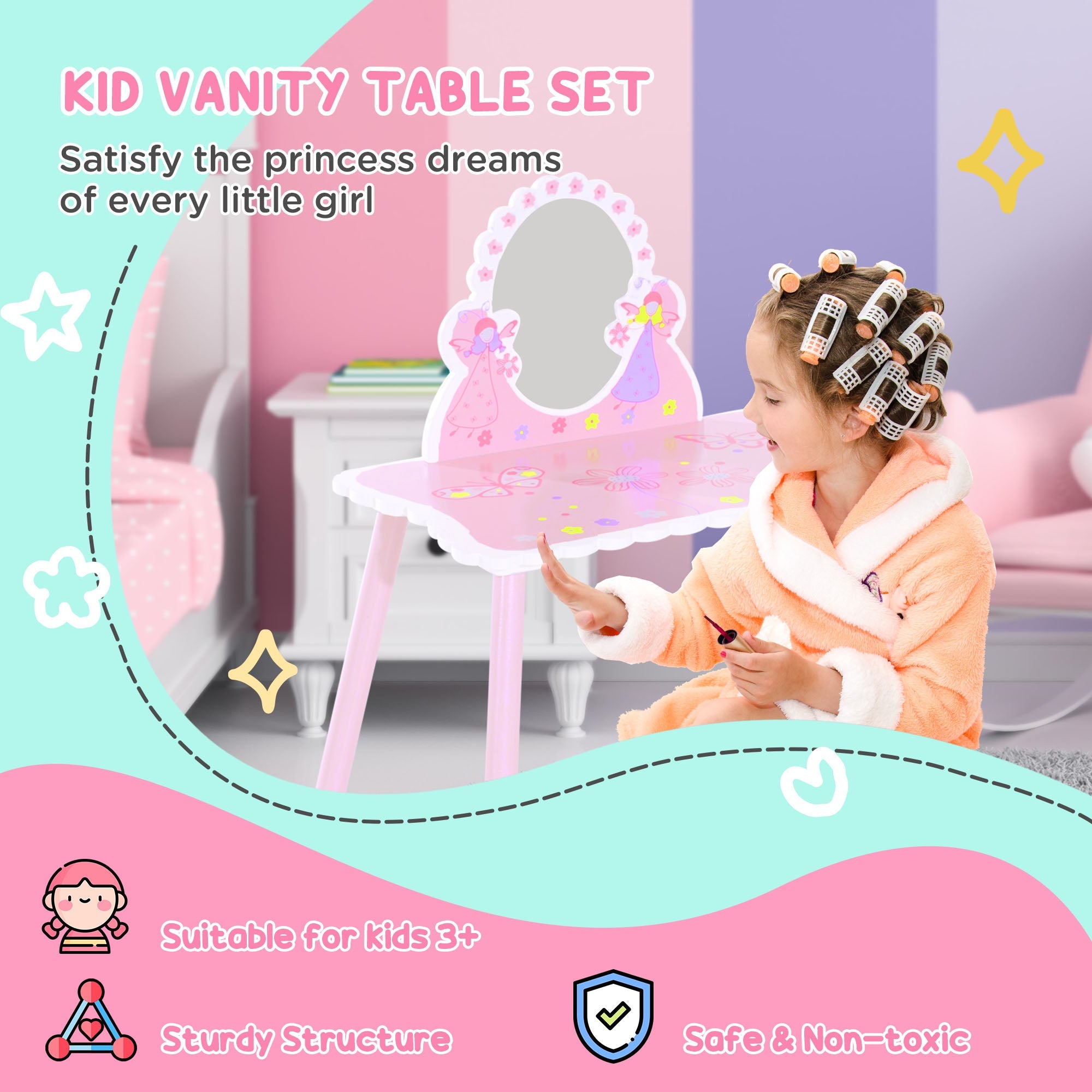 2 Piece Wooden Kids Dressing Table and Stool Set - Pink