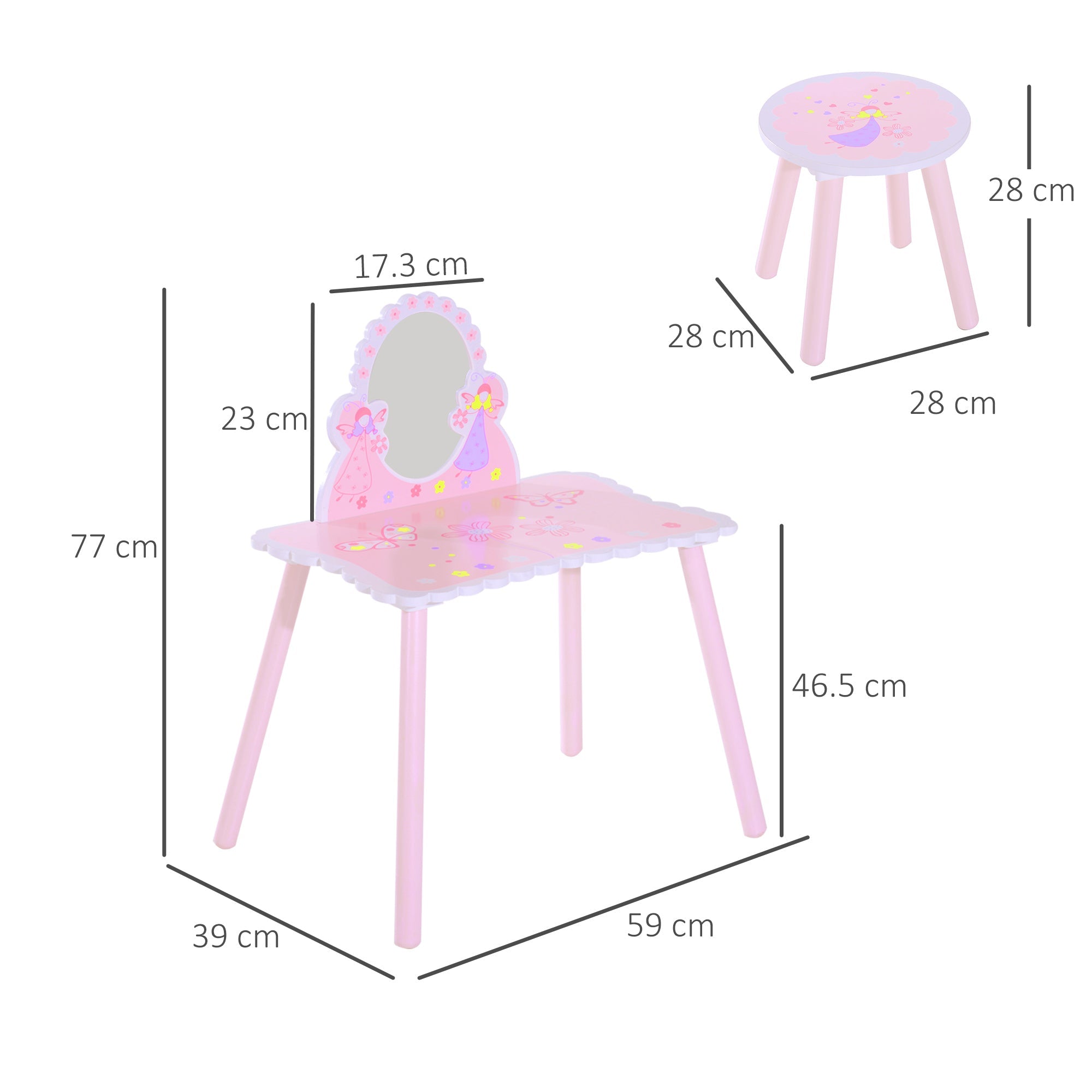 2 Piece Wooden Kids Dressing Table and Stool Set - Pink